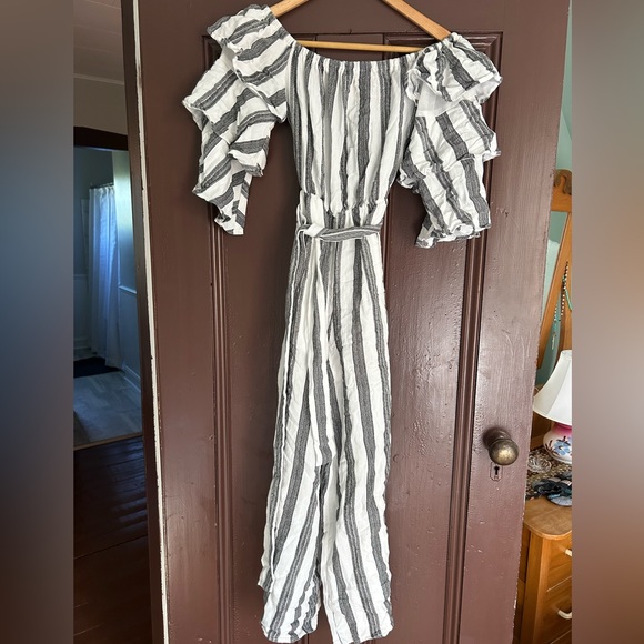 White and Grey Striped Long Pant Romper - Picture 1 of 1